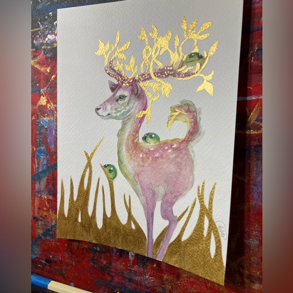Original deer painting Art gold accents Antlers surrealism Whimsical artwork